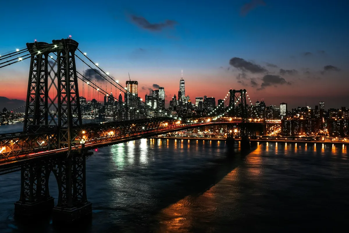 The view down Washington Street in DUMBO, Brooklyn, framed by the Manhattan Bridge.